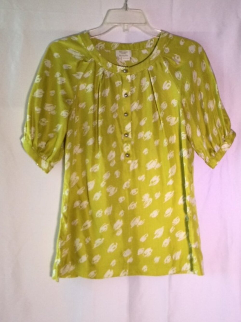 Kate Spade 100% Silk Lime Green Print Blouse Women's Short Sleeve Top